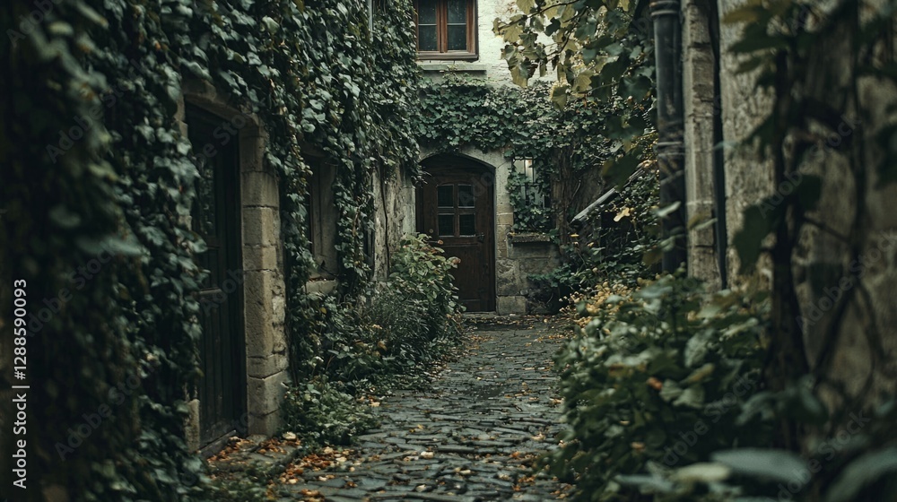 Obraz premium Enchanting Overgrown Alleyway in Historical Stone Village