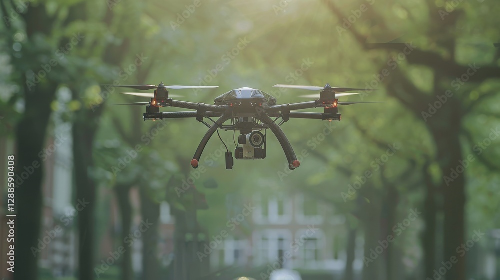 Aerial View of Drone with Camera Flying Through Green Urban Park Surrounded by Trees and Soft Sunlight Aerial View of Drone with Camera Flying Through Green Urban Park Surrounded by Trees and Soft Sunlight
