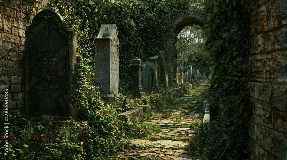 Obraz premium Serene Graveyard Pathway Surrounded by Overgrown Nature and Stones