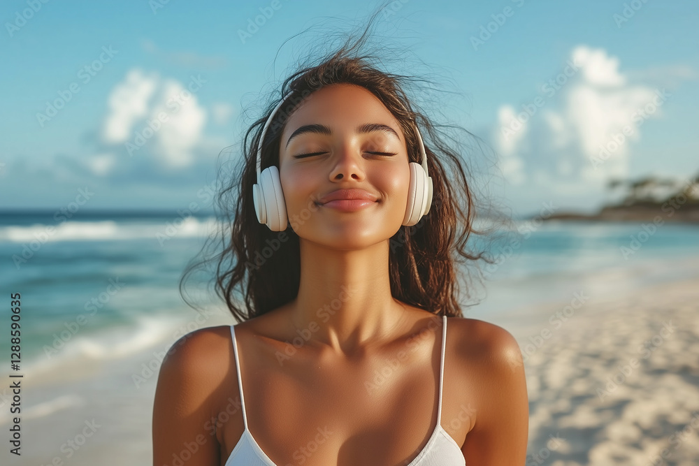 Carefree Black woman soaking in the ocean breeze while enjoying music on her wireless headphones.
Carefree Black woman soaking in the ocean breeze while enjoying music on her wireless headphones.