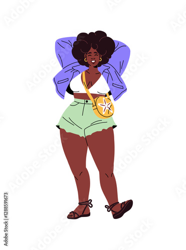 Joyful fat black young woman is wearing fashion outfit. Cute plump African American girl in stylish casual clothes is happy, stands and smiles. Flat isolated vector illustration on white background