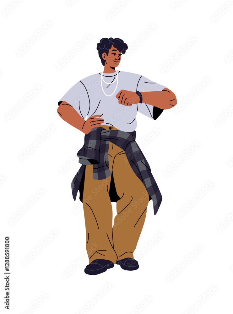 Fashion African American boy with shirt on waist stands, looks at wristwatch. Happy black young man with watches is wearing stylish outfit, casual clothes. Flat isolated vector illustration on white Fashion African American boy with shirt on waist stands, looks at wristwatch. Happy black young man with watches is wearing stylish outfit, casual clothes. Flat isolated vector illustration on white