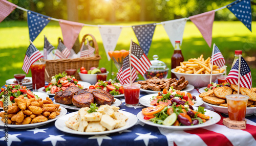 Festive 4th of July picnic table with American food. chef's dish, barbecue, farm