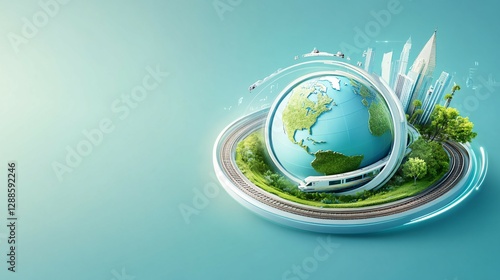 A Globe Surrounded By Trains And City Buildings Depicted