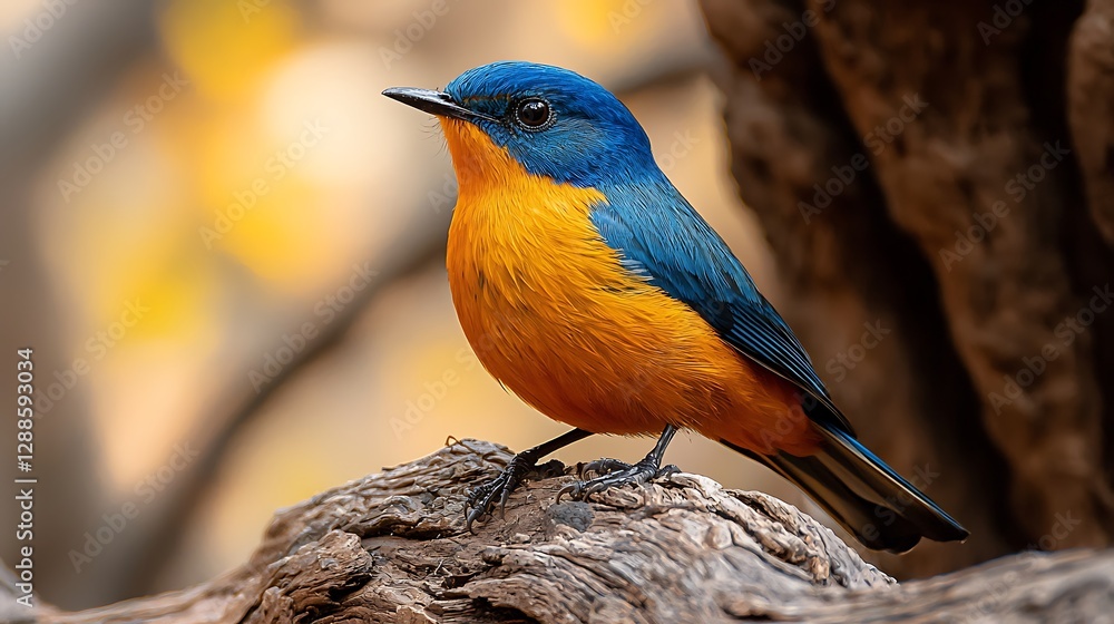 Fototapeta premium Vivid blue-and-orange bird perched on weathered driftwood, blurred foliage background