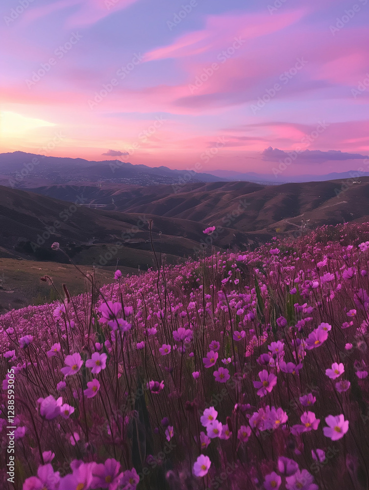 Obraz premium A field of beautiful purple-pink flowers, displaying the stunning hues of nature in full bloom.