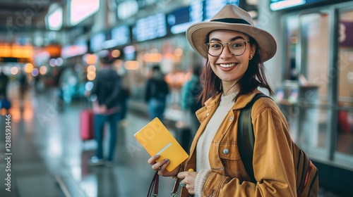 a bright and cheerful portrait of an excited traveler standing in an airport terminal, holding a passport and boarding pass while smiling with anticipation