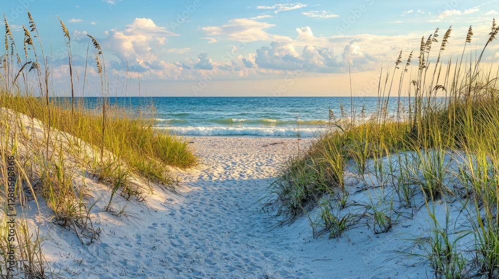 Serene Beach Pathway Through Dunes Under a Colorful Sky Serene Beach Pathway Through Dunes Under a Colorful Sky