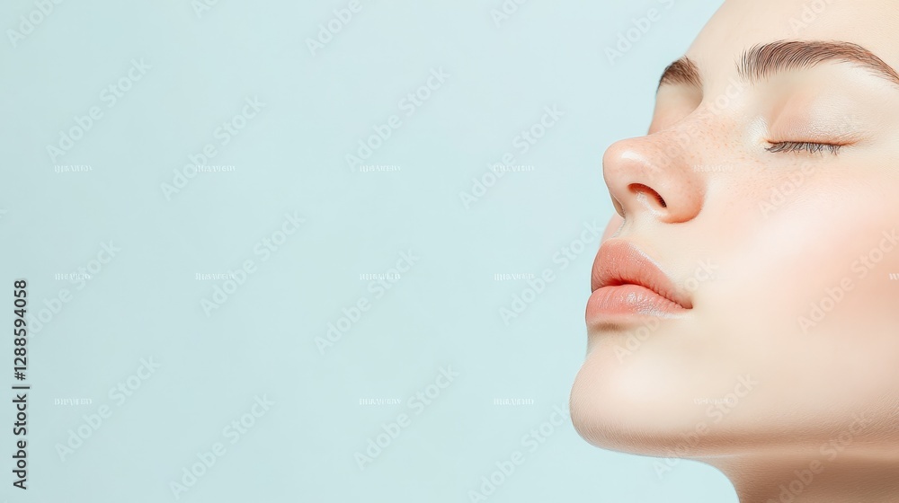 Profile of a beautiful young woman with closed eyes showing her perfect full lips after cosmetology treatment, lip augmentation or dentistry procedure on a light blue background with copy space Profile of a beautiful young woman with closed eyes showing her perfect full lips after cosmetology treatment, lip augmentation or dentistry procedure on a light blue background with copy space