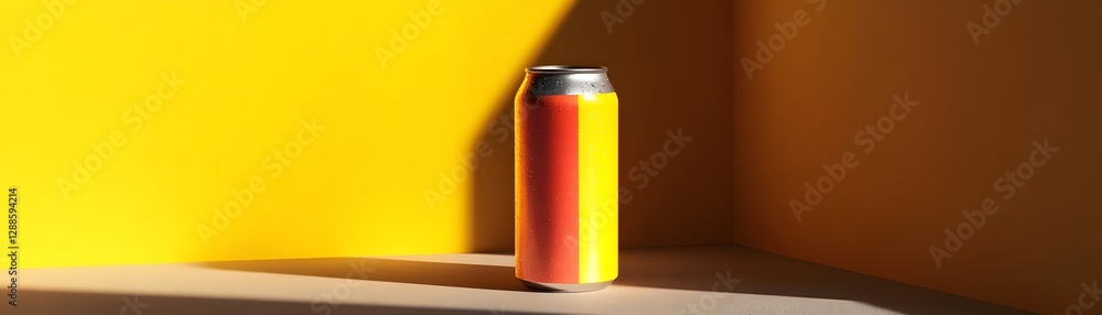 Fototapeta premium A vibrant can of beverage sits against a bright yellow background, showcasing modern design and appealing colors that attract attention.