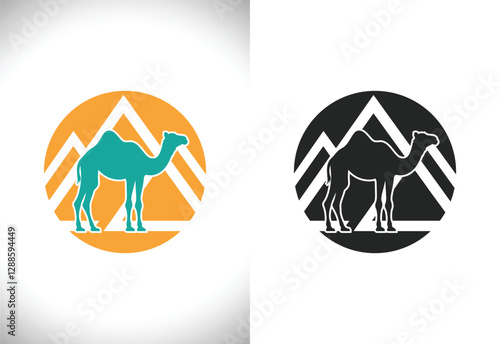 Camel Silhouette with pyramid circle logo illustration on white background
