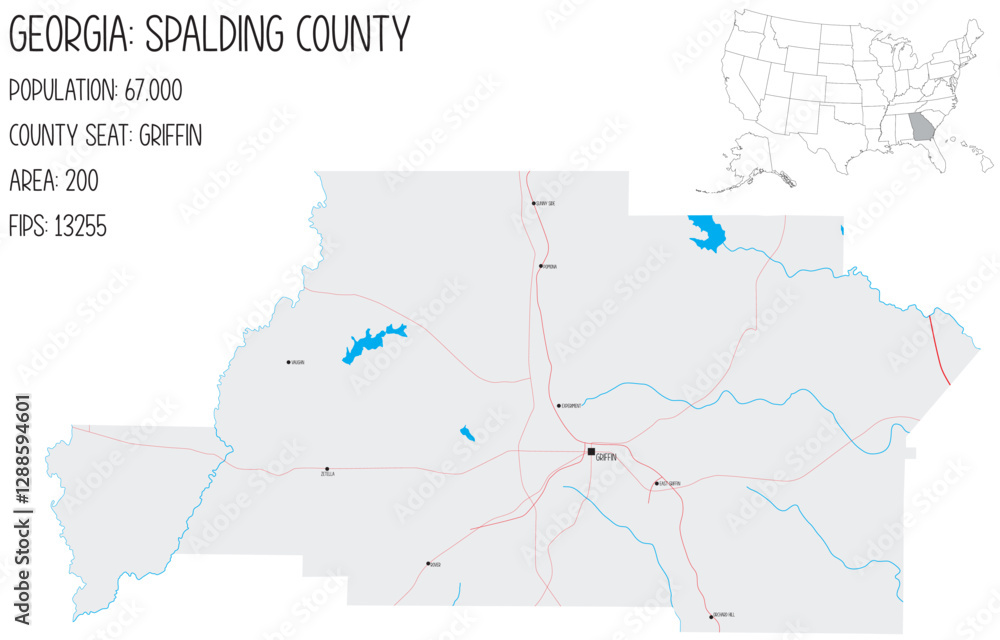 Large and detailed map of Spalding County in Georgia, USA. Large and detailed map of Spalding County in Georgia, USA.