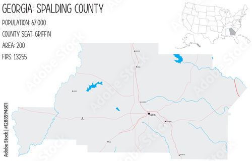 Large and detailed map of Spalding County in Georgia, USA.