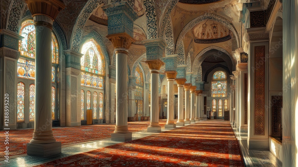 Obraz premium Sunlit Mosque Interior, Prayer Hall, Columns, Stained Glass, Peaceful