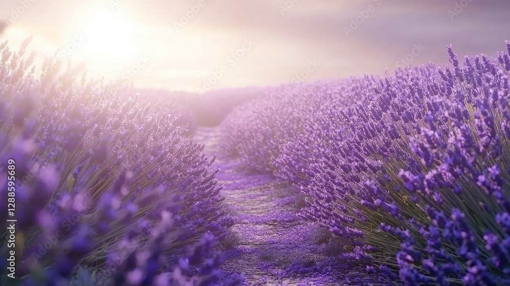 Fototapeta premium Serene Lavender Field with Pathway Under Soft Sunset Glow