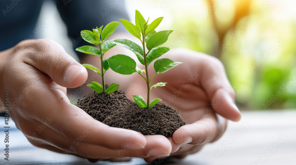 Nurturing young plants in hands symbolizes growth and sustainability Nurturing young plants in hands symbolizes growth and sustainability