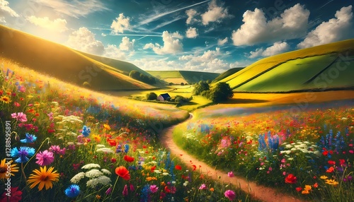 Wallpaper Mural A peaceful countryside wallpaper with rolling hills covered in colorful wildflowers under a bright blue sky, perfect as a background for a serene and natural aesthetic Torontodigital.ca