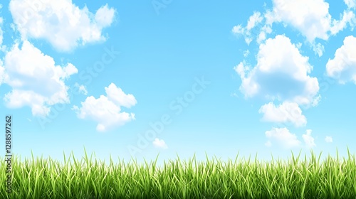 Bright Blue Sky with Fluffy White Clouds Over Lush Green Grass Field