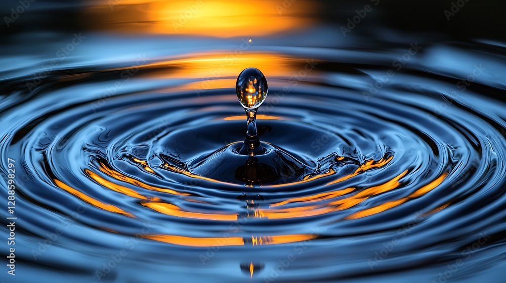Water droplet impact, ripples, sunset reflection, abstract art, for use in nature, science, or design Water droplet impact, ripples, sunset reflection, abstract art, for use in nature, science, or design
