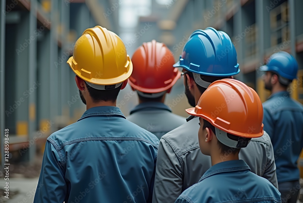 Construction Workers in Safety Helmets Collaborating Inside a Large Industrial Warehouse Construction Workers in Safety Helmets Collaborating Inside a Large Industrial Warehouse