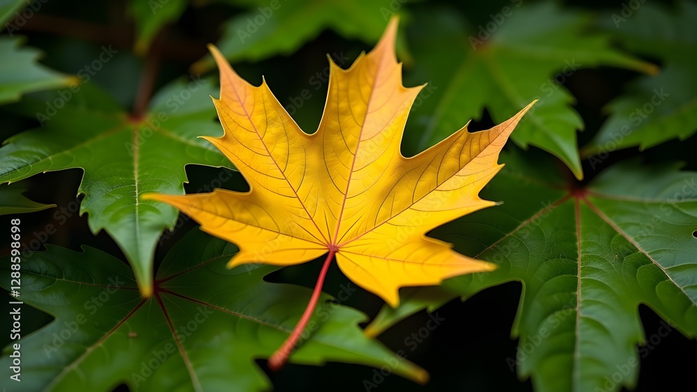 Autumn Yellow Maple Leaf Resting on Lush Green Leaves in a Natural Outdoor Setting Autumn Yellow Maple Leaf Resting on Lush Green Leaves in a Natural Outdoor Setting