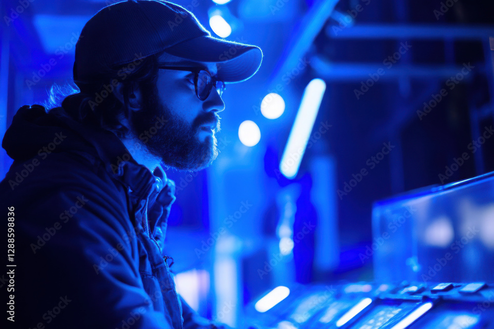 Male technician with beard and cap working in a dimly lit control room illuminated by blue lights, focused and attentive to the technical equipment in front of him. Male technician with beard and cap working in a dimly lit control room illuminated by blue lights, focused and attentive to the technical equipment in front of him.
