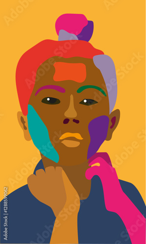 Portrait of a young dark-skinned woman with collected hair in bright colors in pop art style