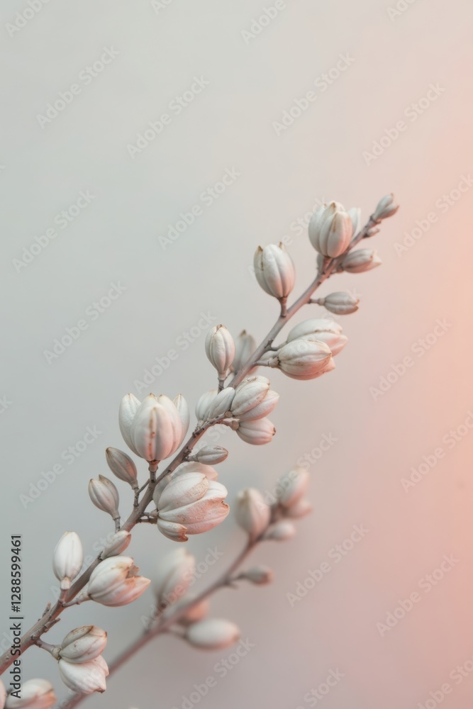 Fototapeta premium Delicate Pale Flower Branch with Softly Lit Buds Against a Neutral Background