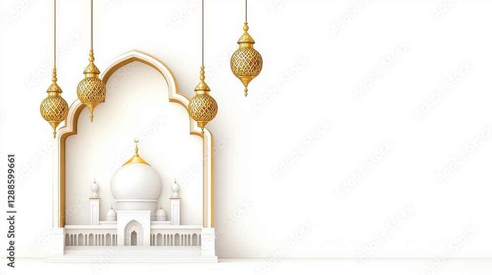 A minimalist design featuring a white architectural structure with a dome, framed by ornate golden lanterns against a clean background. A minimalist design featuring a white architectural structure with a dome, framed by ornate golden lanterns against a clean background.