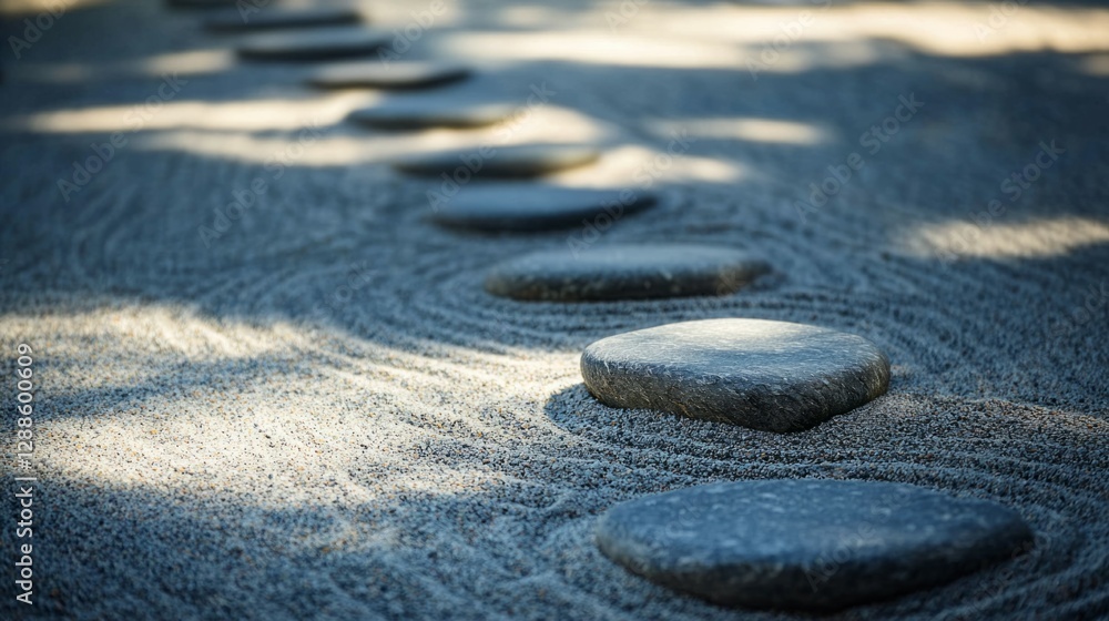 Tranquil Stone Pathway Through Serene Zen Sand Garden Landscape Tranquil Stone Pathway Through Serene Zen Sand Garden Landscape