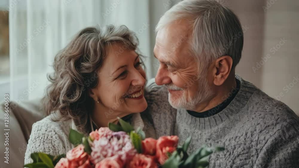Couple shares a joyful moment at home with a bouquet of roses while celebrating their love during the evening Couple shares a joyful moment at home with a bouquet of roses while celebrating their love during the evening