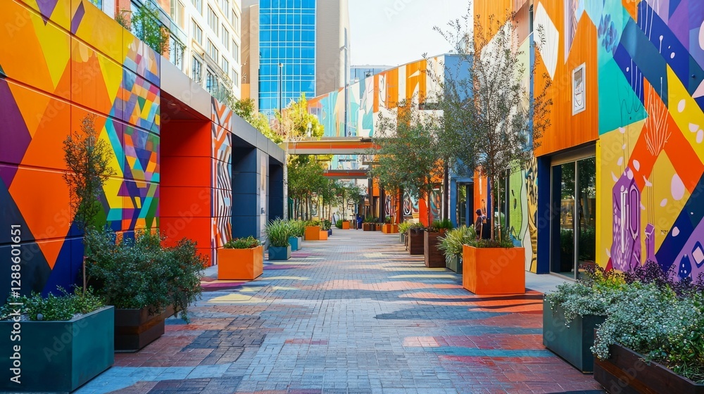 Fototapeta premium Vibrant Urban Alleyway with Colorful Murals and Green Planters