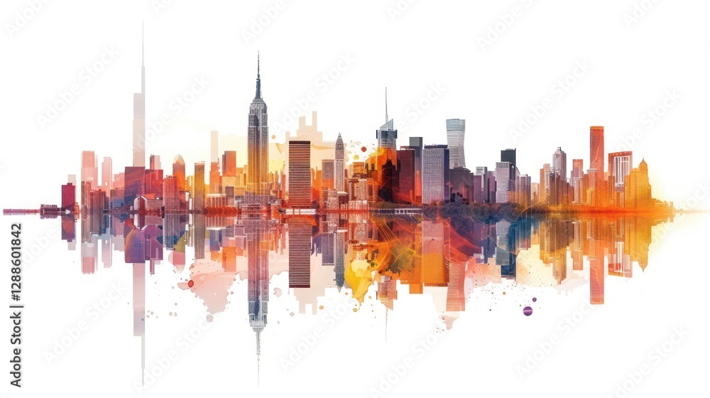 Obraz premium Cityscape Illustration With Skyscrapers At The Waterfront isolated On A white Background.