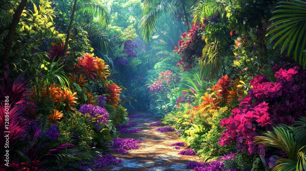 Lush Tropical Garden Pathway Surrounded by Vibrant Flora and Foliage Lush Tropical Garden Pathway Surrounded by Vibrant Flora and Foliage