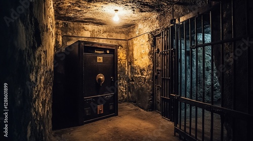Old vault in a dark, damp basement with a metal gate.