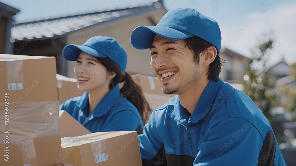 Smiling Delivery Team Members Carrying Packages Together in Bright Outdoor Setting Smiling Delivery Team Members Carrying Packages Together in Bright Outdoor Setting