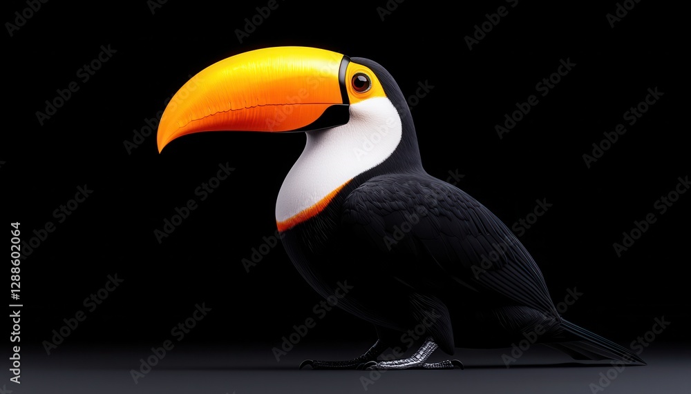 Naklejka premium A vibrant toucan with a striking beak showcases tropical beauty in dark surroundings.