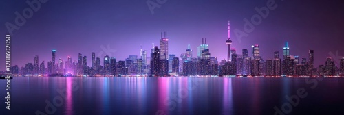 Vibrant night skyline of a metropolis with illuminated skyscrapers and reflective waters photo