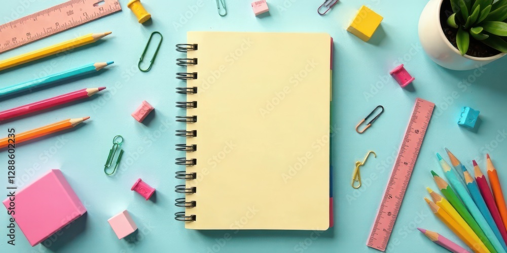 A blank spiral notebook surrounded by colorful stationery supplies on a light blue background, ideal for back-to-school or organization themed projects A blank spiral notebook surrounded by colorful stationery supplies on a light blue background, ideal for back-to-school or organization themed projects
