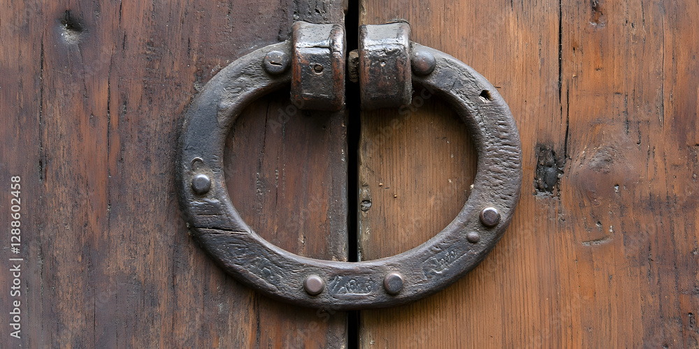 Rustic Metal Door Knocker, Antique Wooden Door Handle, Vintage Entryway Knocker, Historical Metalwork Decoration, Old World Charm Rustic Metal Door Knocker, Antique Wooden Door Handle, Vintage Entryway Knocker, Historical Metalwork Decoration, Old World Charm