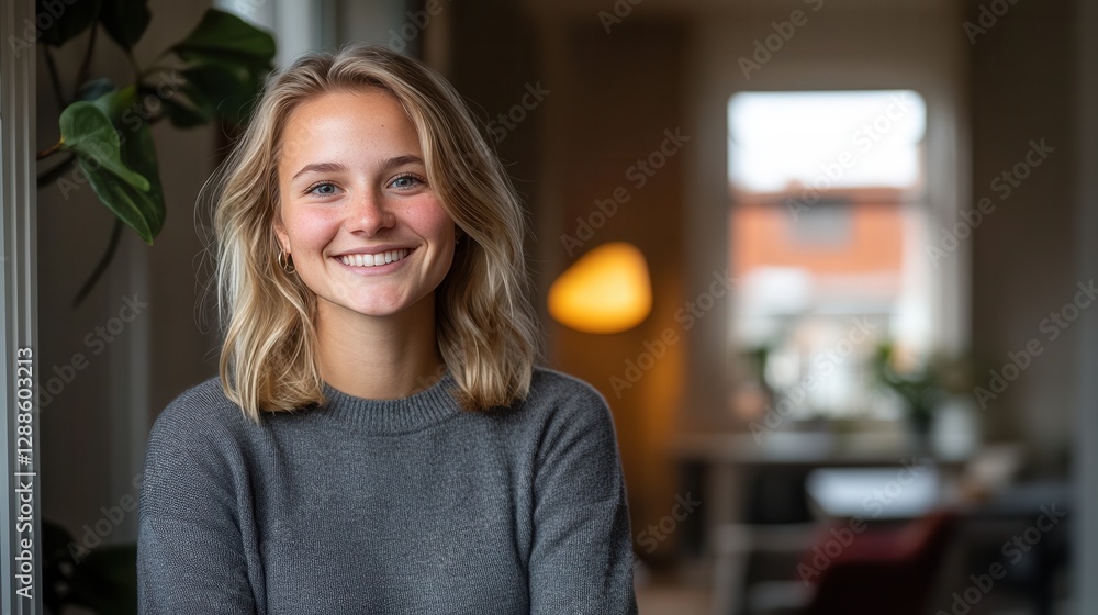Obraz premium Smiling young caucasian female in cozy room with natural light