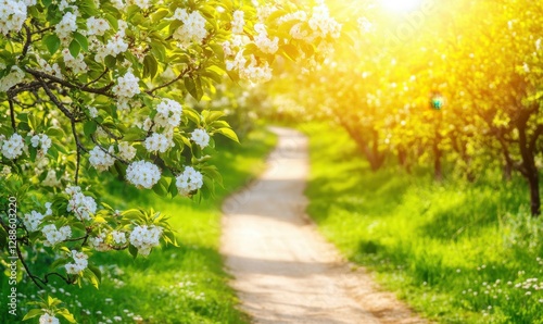 Blooming orchard path in spring sunlight