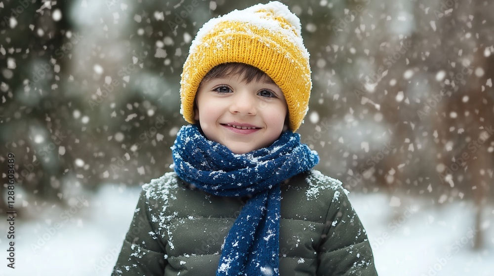 Smiling caucasian child in winter attire with yellow hat in snowy forest Smiling caucasian child in winter attire with yellow hat in snowy forest