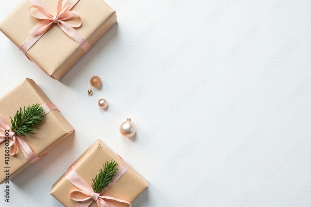Elegant kraft paper gift boxes with blush pink ribbon accents and festive ornaments Elegant kraft paper gift boxes with blush pink ribbon accents and festive ornaments