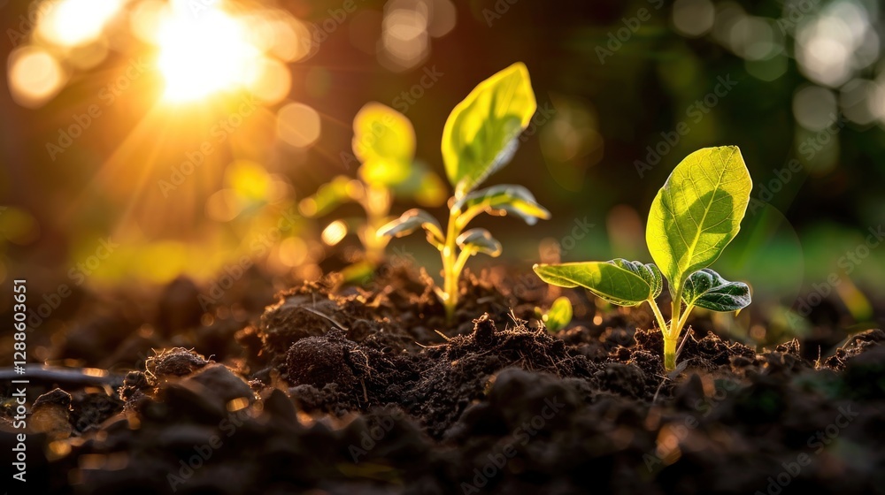 Closeup of green growth saplings and seedlings embracing warm sunlight. Nurturing nature promise. Bright beginning with symbolizing and environmental care Closeup of green growth saplings and seedlings embracing warm sunlight. Nurturing nature promise. Bright beginning with symbolizing and environmental care