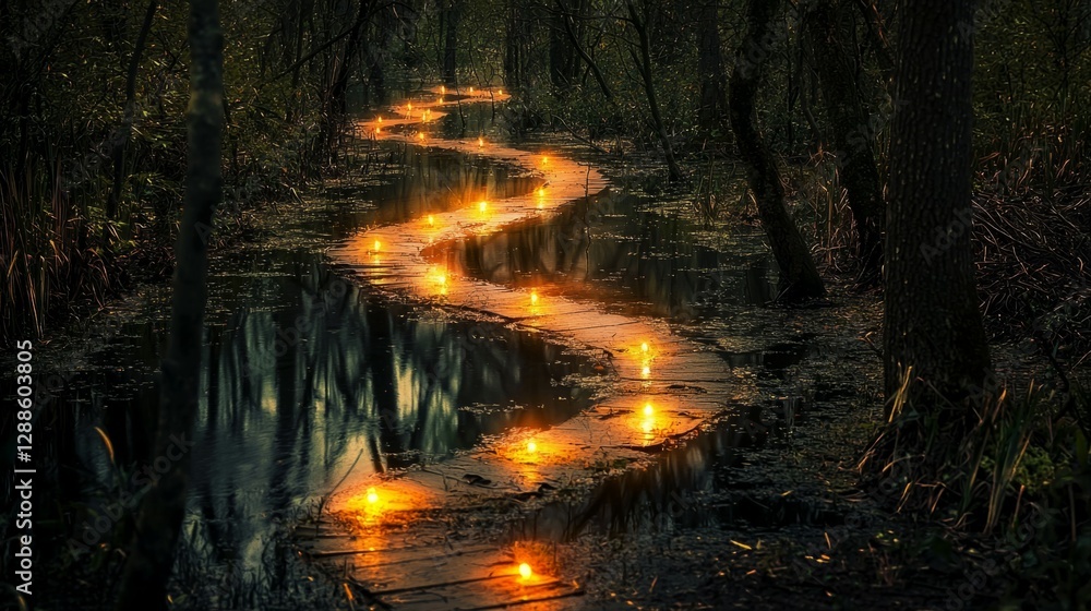 Naklejka premium Enchanted Pathway Illuminated by Floating Lights in a Dark Forest