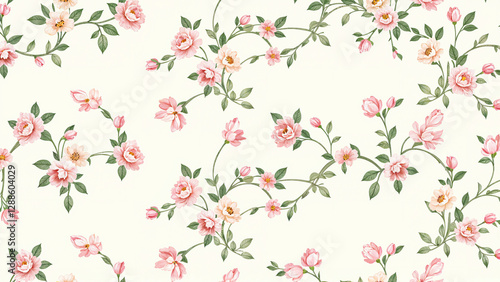 A vintage floral pattern with pink and white roses, green leaves, and swirling vines on a light background.