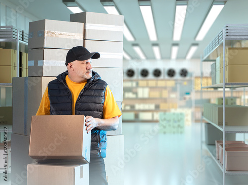 Man storekeeper inside industrial refrigerator. Refrigerator with cardboard boxes. Guy works inside freezer warehouse. Frozen goods storage area. Portrait of man inside industrial refrigerator photo