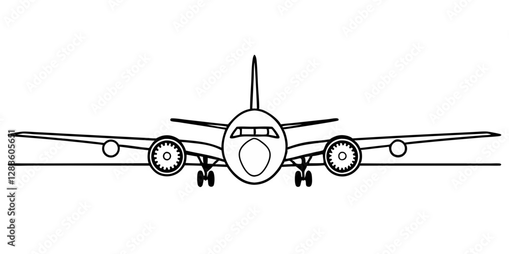 Airplane front view illustration with detailed engines and wings, showcasing modern aircraft design Airplane front view illustration with detailed engines and wings, showcasing modern aircraft design