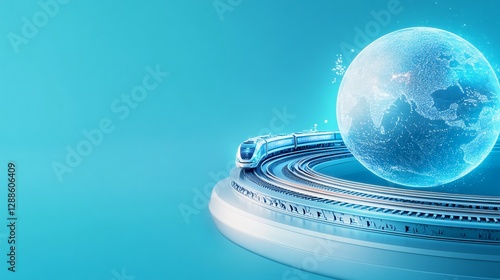 A futuristic train travels around a glowing representation of the world